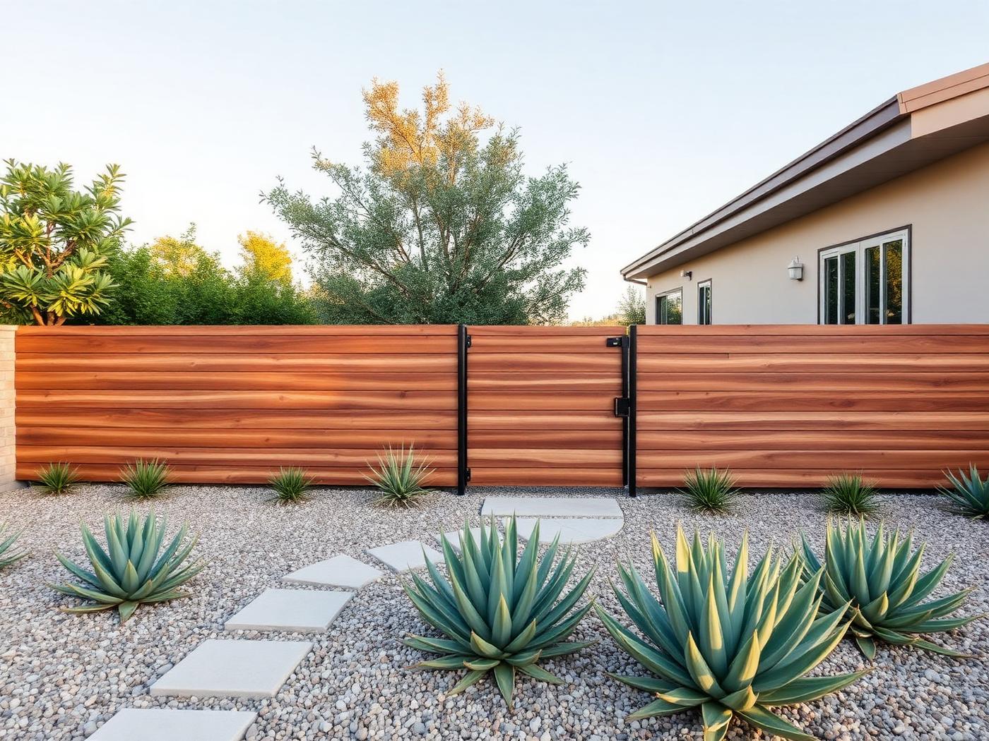 Horizontal wood fence and gate with agave and gravel — Drought-Scape Landscaping by WOW Construction Group in Los Angeles