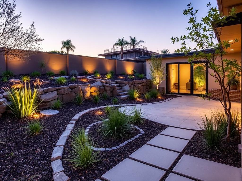 Boulder retaining wall with mulch beds and ornamental grasses — Drought-Scape Landscaping by WOW Construction Group in Los Angeles