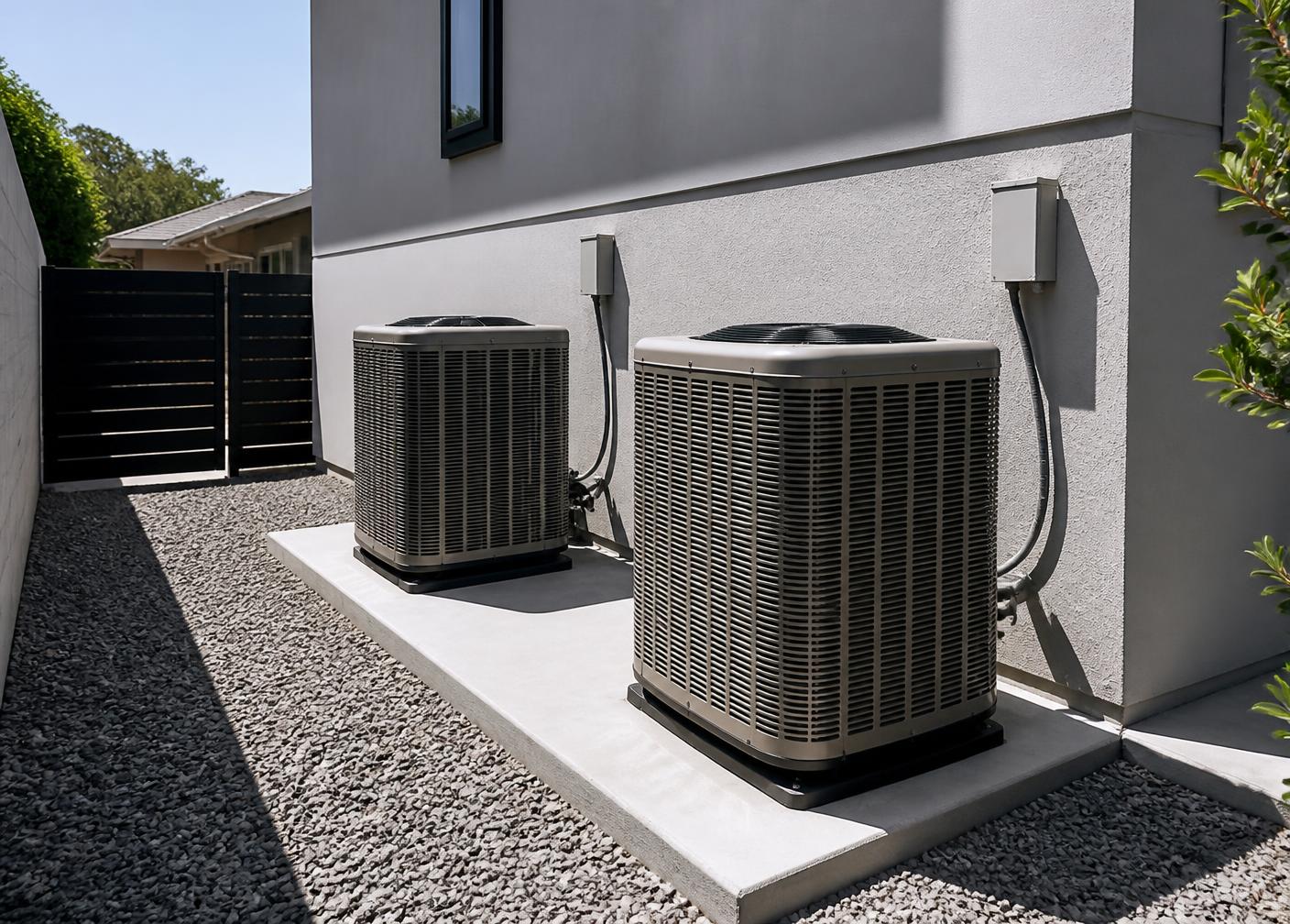Two matched heat pump condensers on a clean side-yard pad — HVAC Services by WOW Construction Group in Los Angeles