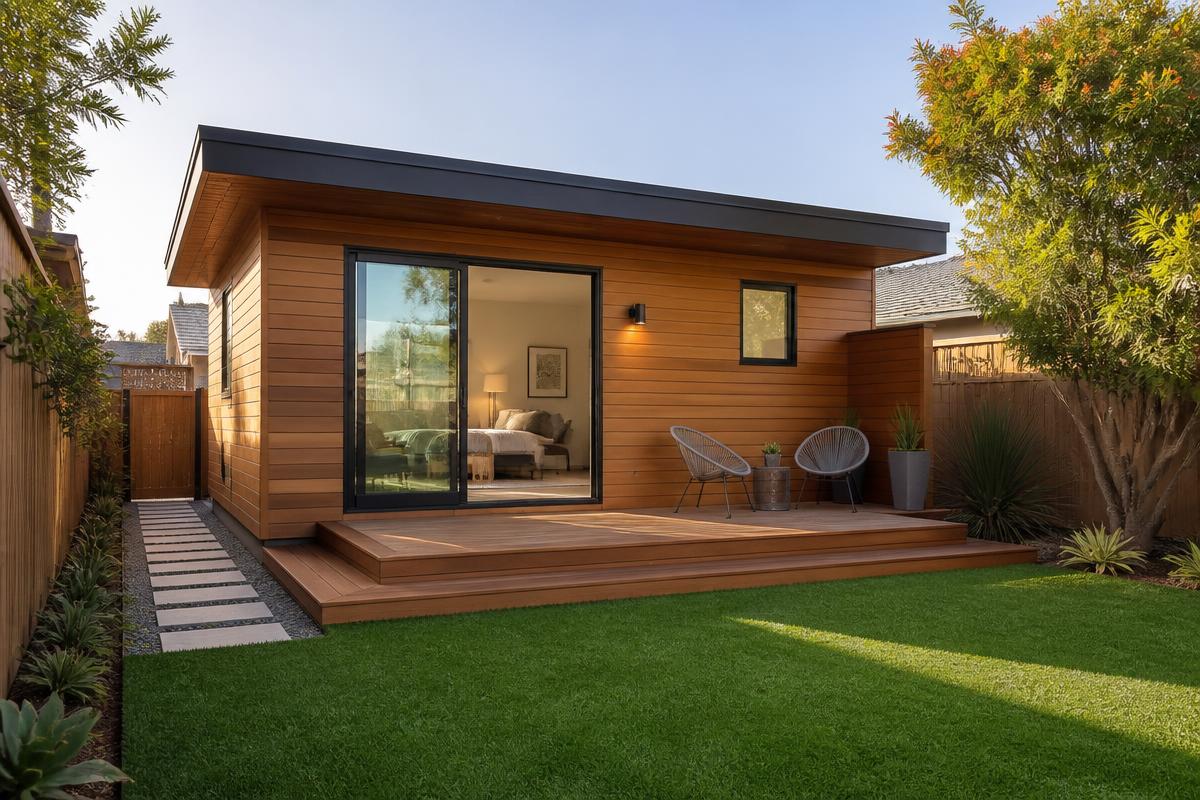 3D rendering of the ADU in the client's real backyard, approved before permits. — ADUs & Backyard Homes by WOW Construction Group in Los Angeles