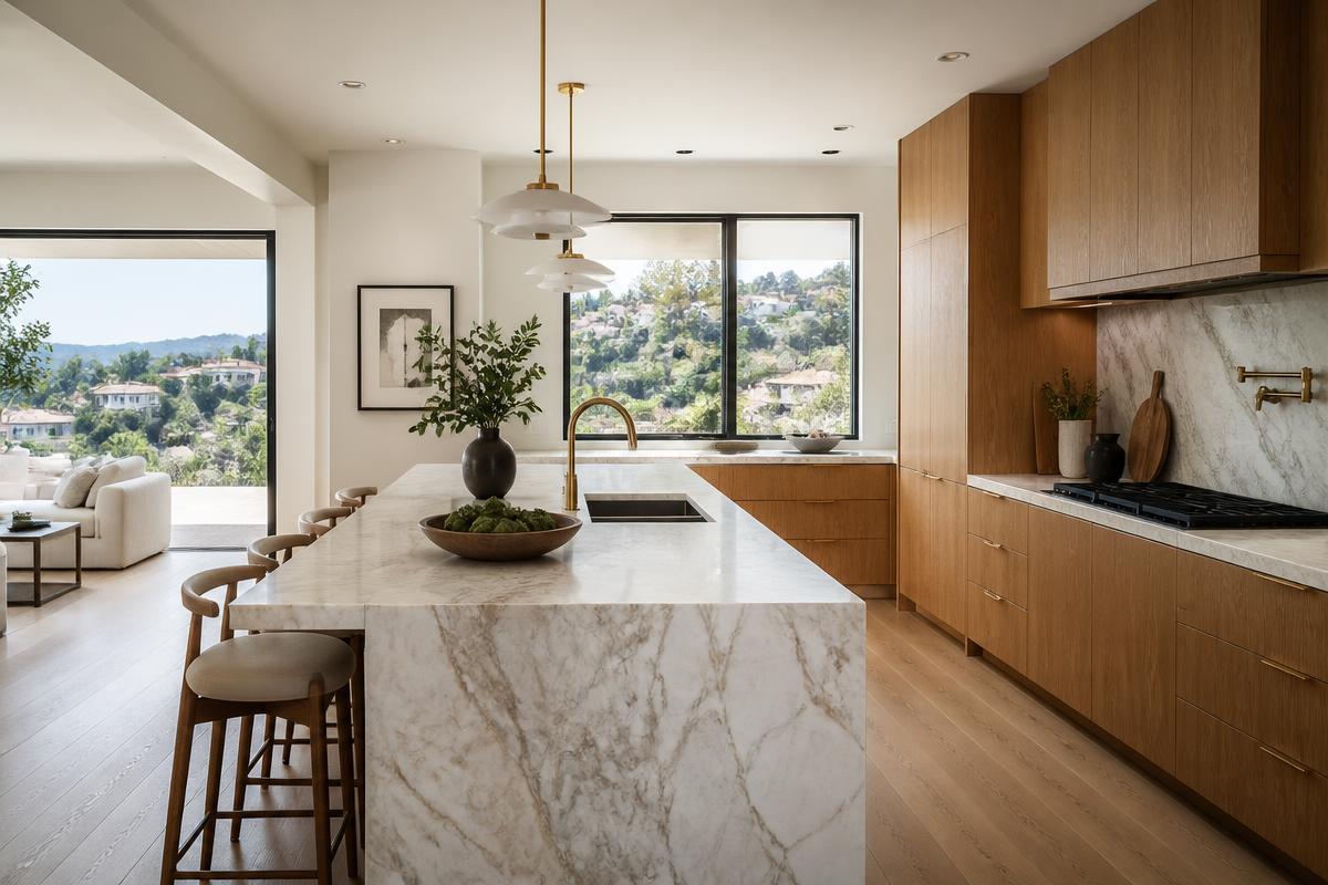 Open-plan kitchen with material and finish options — 3D Design & Renderings by WOW Construction Group in Los Angeles