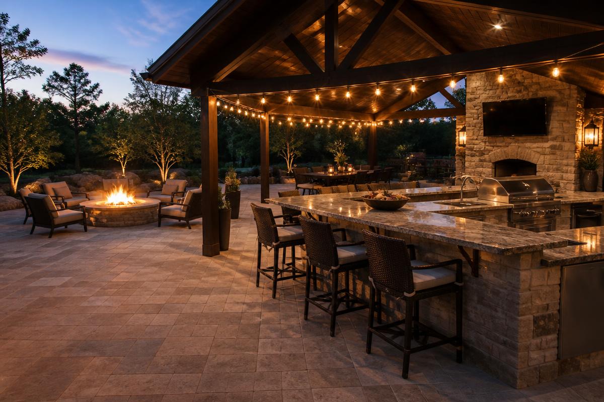 Outdoor kitchen and covered dining pavilion — 3D Design & Renderings by WOW Construction Group in Los Angeles