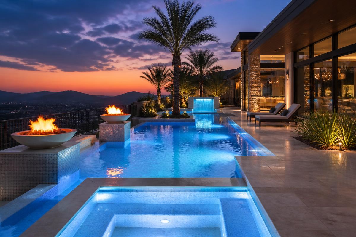 Pool and spa at dusk with fire bowls and lighting study — 3D Design & Renderings by WOW Construction Group in Los Angeles