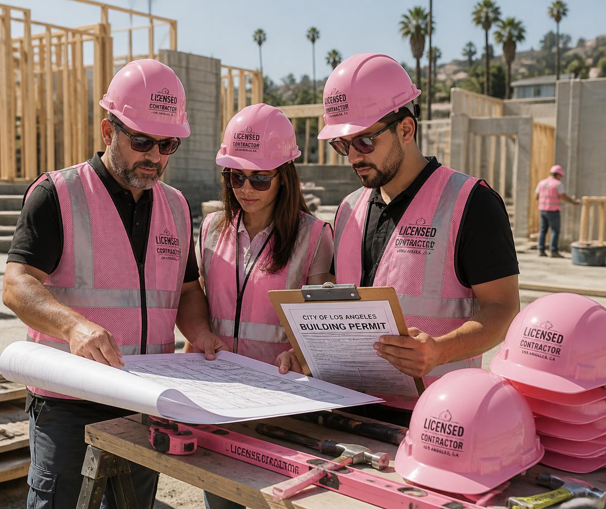 WOW Construction Group's licensed, bonded crew in pink hard hats reviewing blueprints and a City of Los Angeles building permit on site