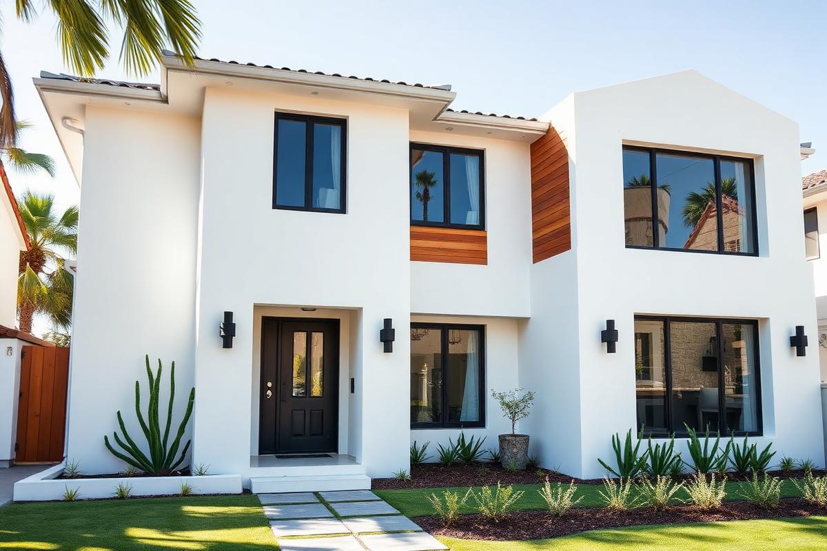 New smooth-coat stucco with warm wood accents on a modern Los Angeles build. — Exterior Paint & Stucco by WOW Construction Group in Los Angeles