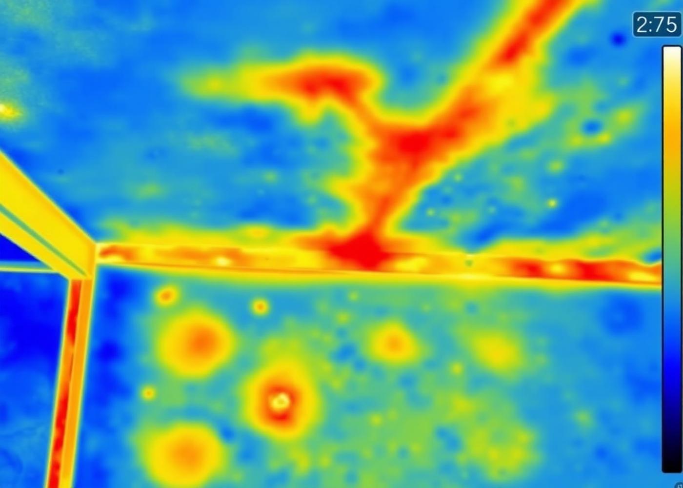 Air leaking in at the wall-to-ceiling joint — invisible to the eye — Thermal Imaging Inspection by WOW Construction Group in Los Angeles