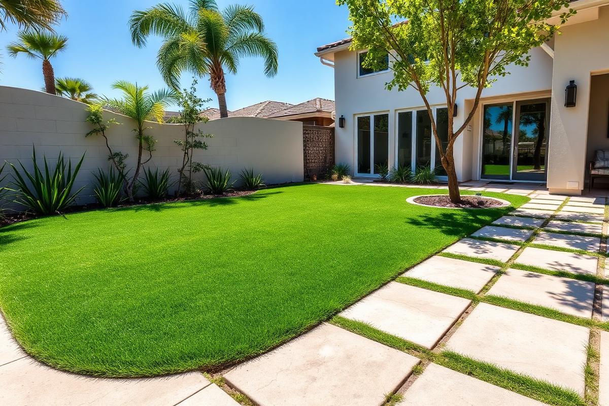 Backyard lawn with clean paver edging — Sherman Oaks — Artificial Turf by WOW Construction Group in Los Angeles